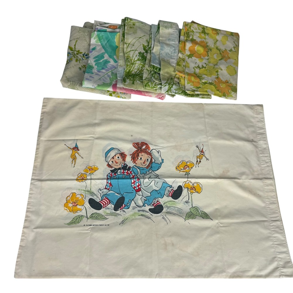 Vintage Pillowcase Lot 6pc Raggedy Ann Andy 1968 70s Floral Landscape Retro Bed